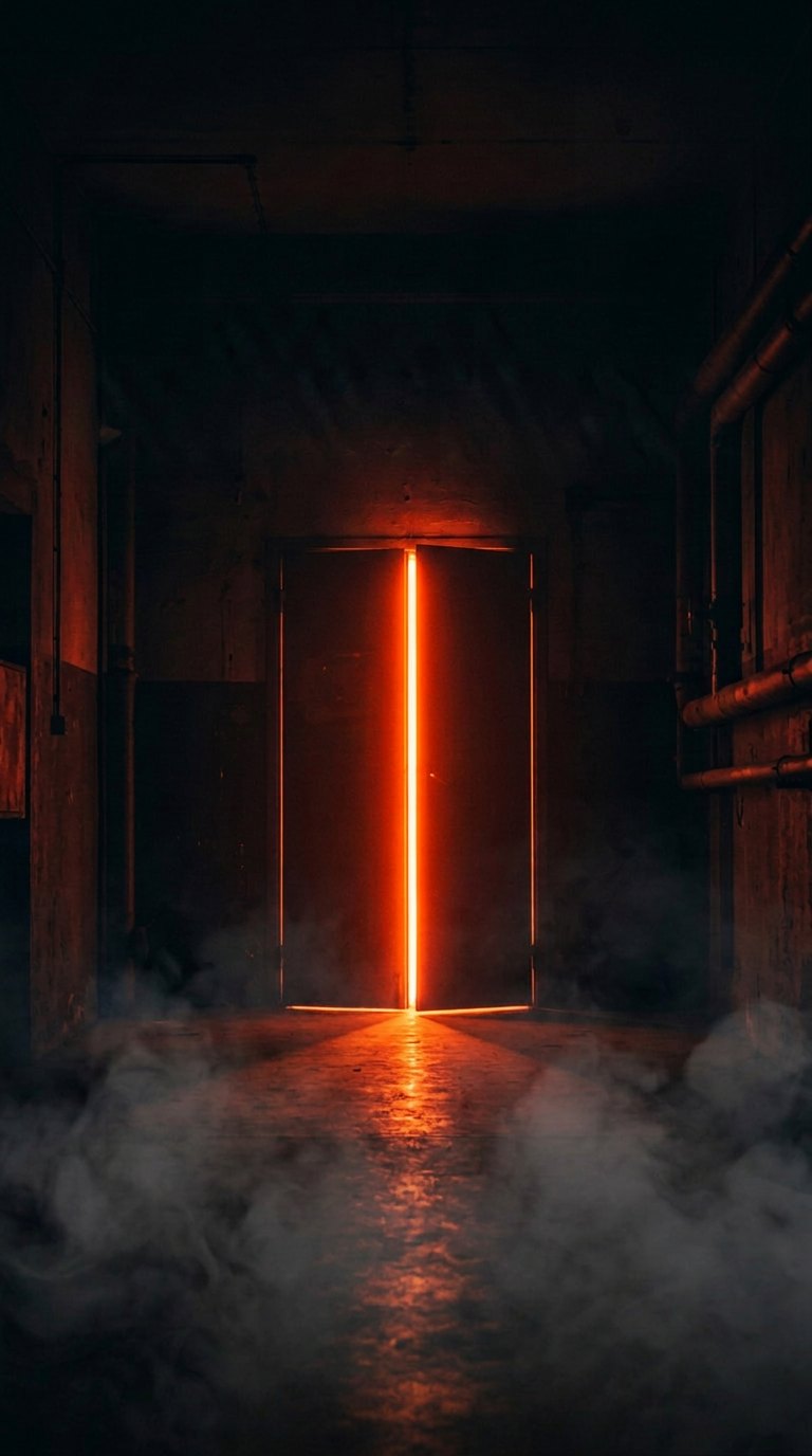 Porta entreaberta com luz laranja saindo pela fresta