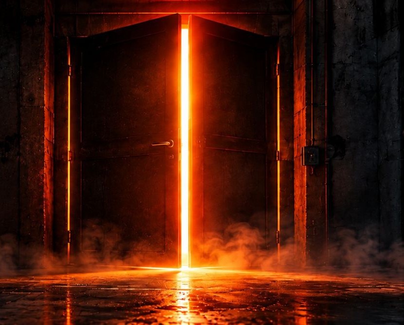 Porta entreaberta com luz laranja saindo pela fresta